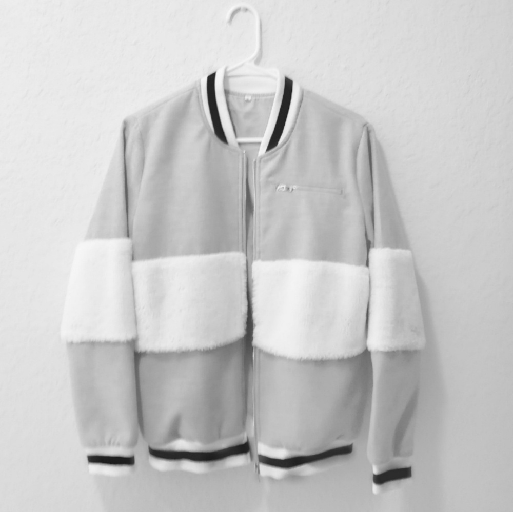 White Faux Fur, Gray Bomber Jacket